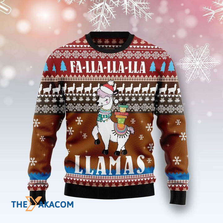 Brown Background With White Llama Fa-lla-lla-lla Gift For Christmas Ugly Christmas Sweater