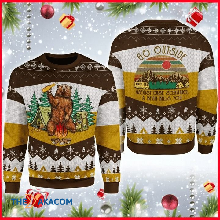Brown Bear Go Camping And Drink Beer Gift For Christmas Ugly Christmas Sweater