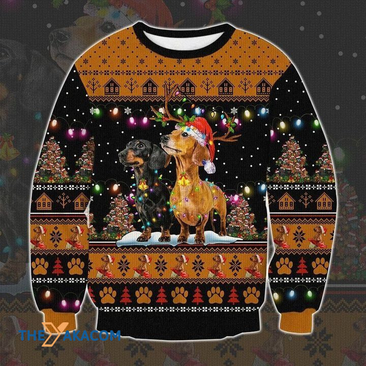 Brown Dachshund With Light And Christmas Tree Gift For Christmas Ugly Christmas Sweater