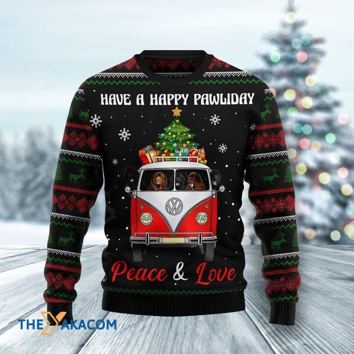 Brown Newfoundland Dog On Red Car Have A Happy Pawliday Peace And Love Gift For Christmas Ugly Christmas Sweater
