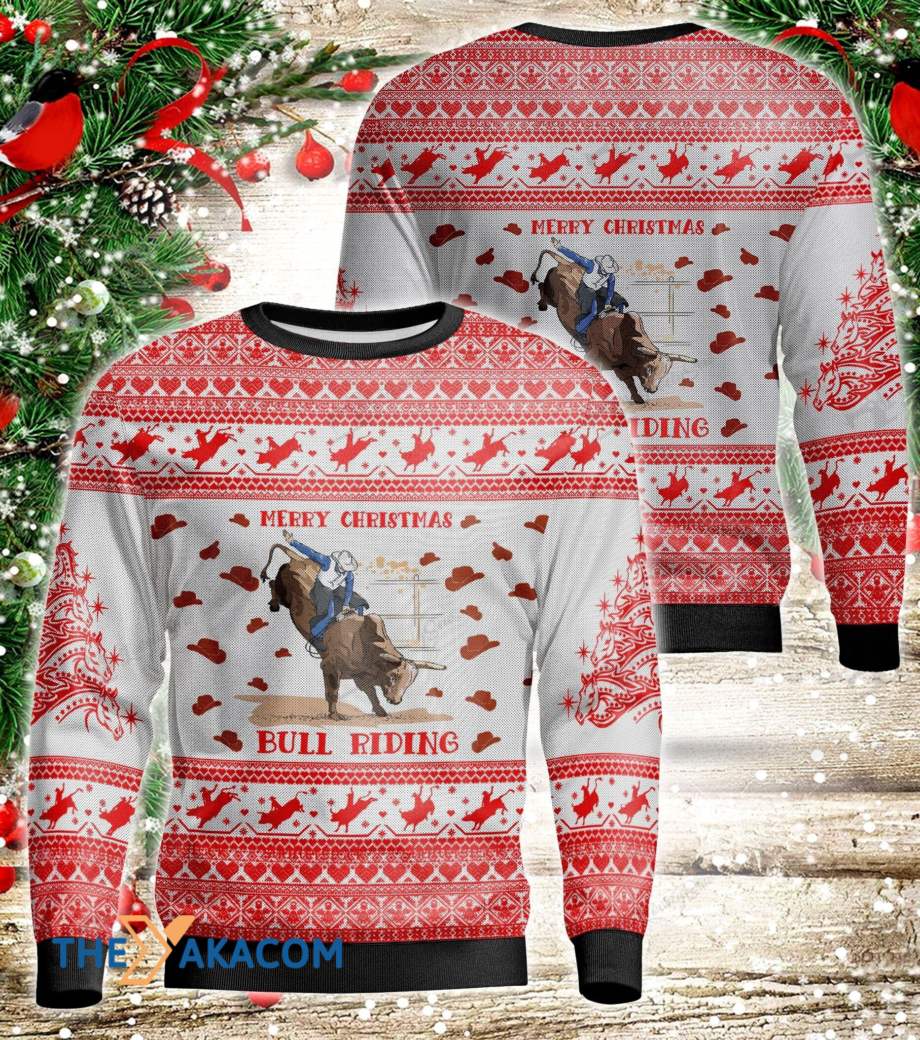 Bull Riding On Snow Mountain Gift For Christmas Ugly Christmas Sweater