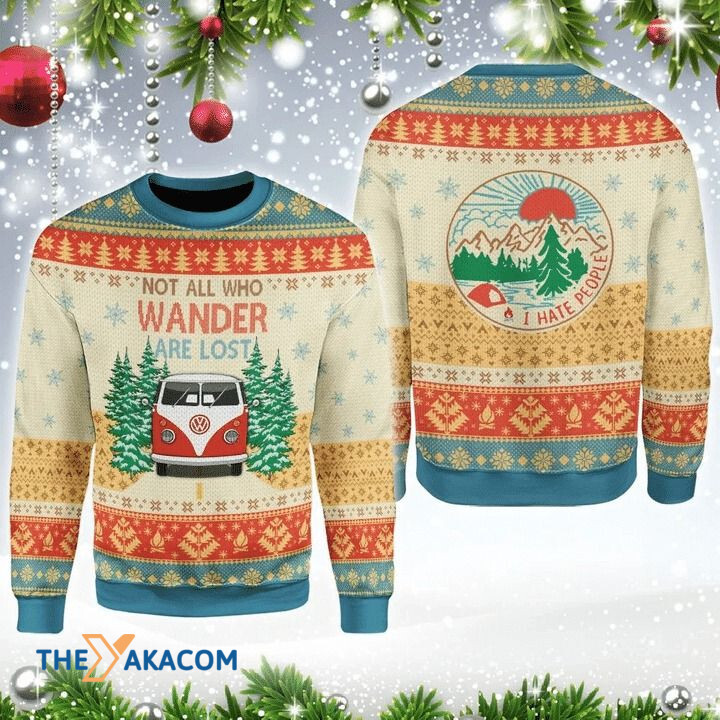 Camping Bus On Mountain Not All Who Wander Are Lost Gift For Christmas Ugly Christmas Sweater