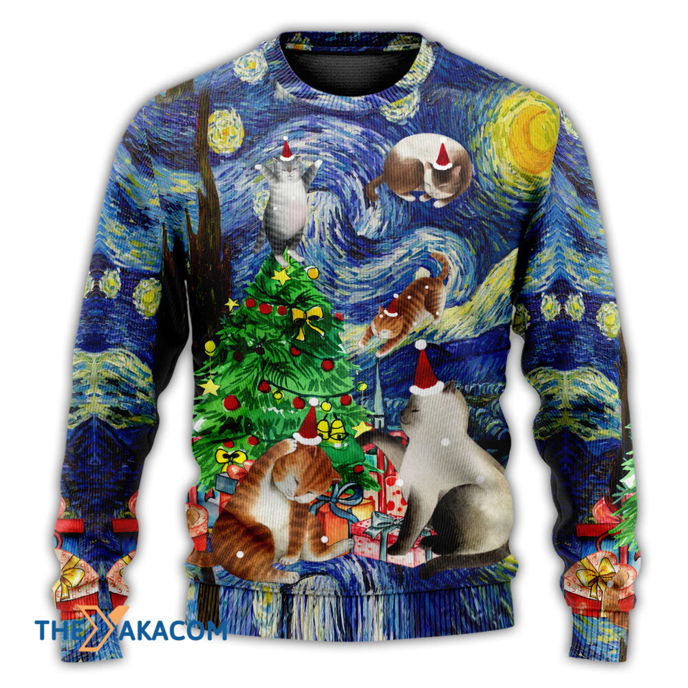 Christmas Cat Playing In Starry Night Gift For Lover Ugly Christmas Sweater