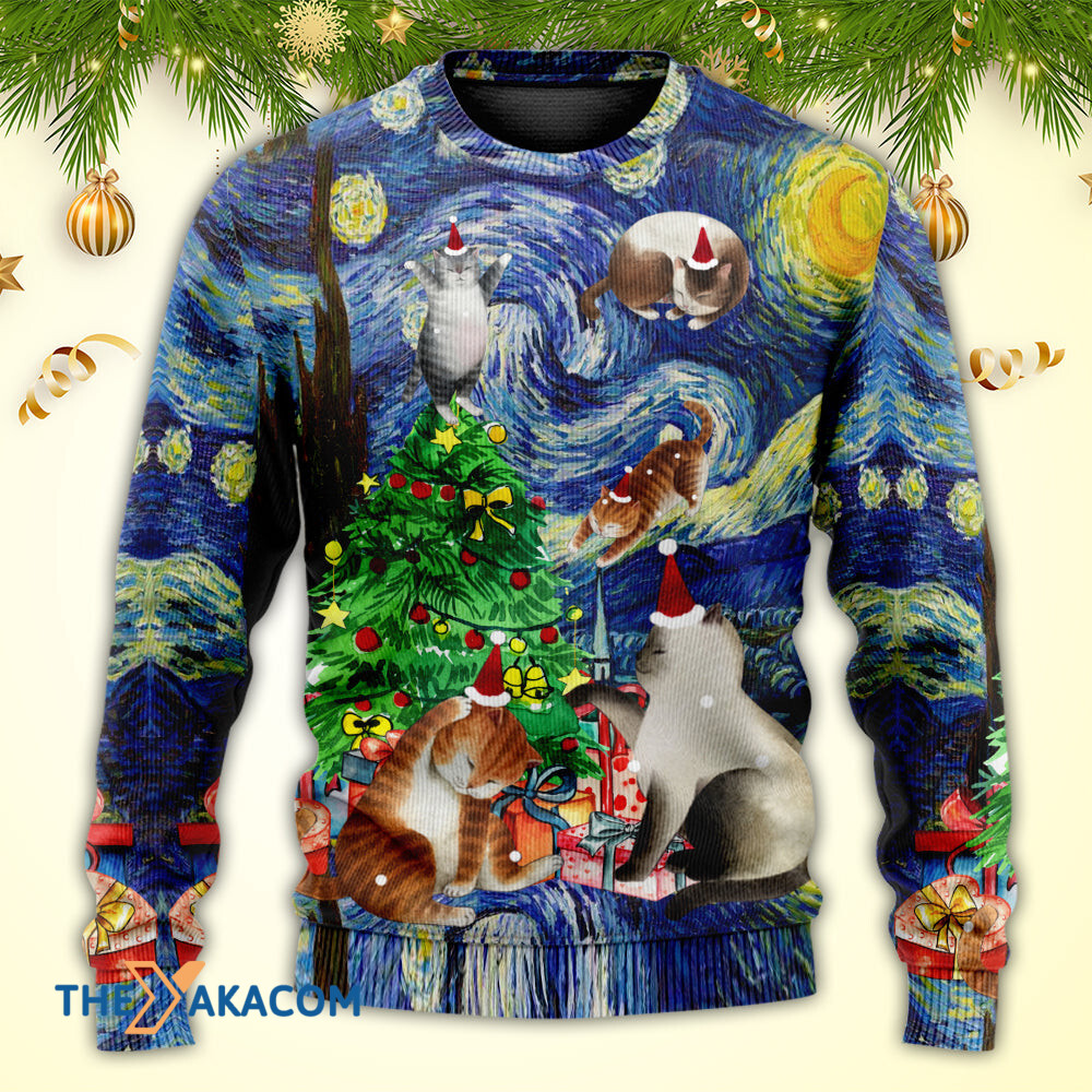 Christmas Cat Playing In Starry Night Gift For Lover Ugly Christmas Sweater