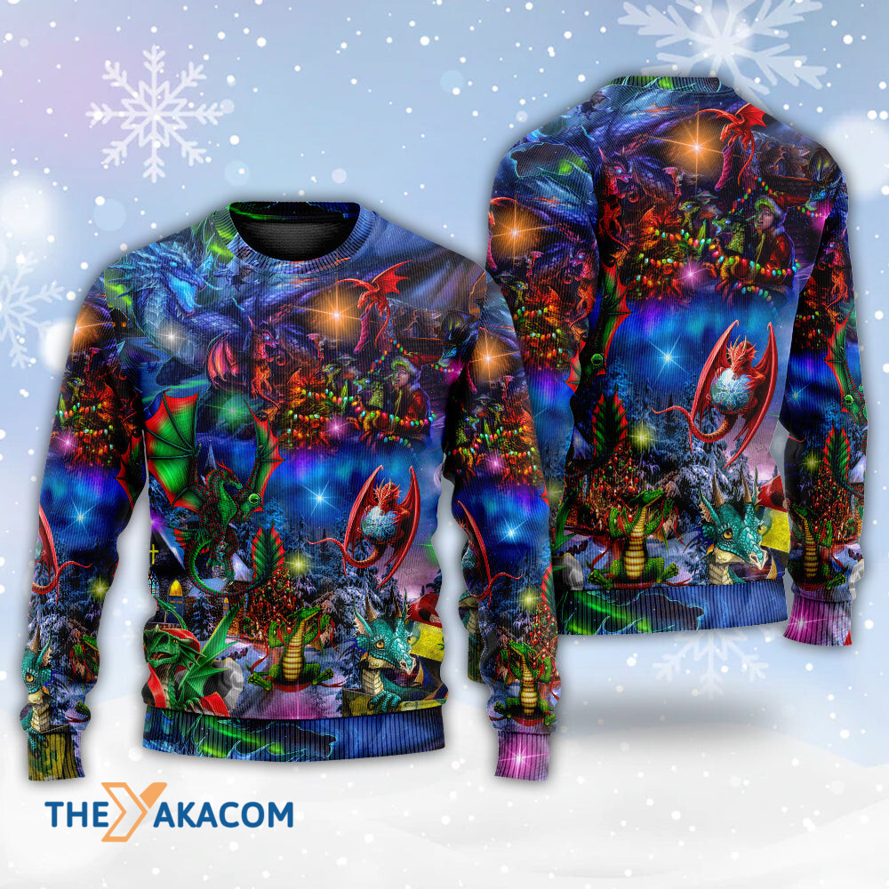 Christmas Dragon Light Art Style Gift For Lover Ugly Christmas Sweater