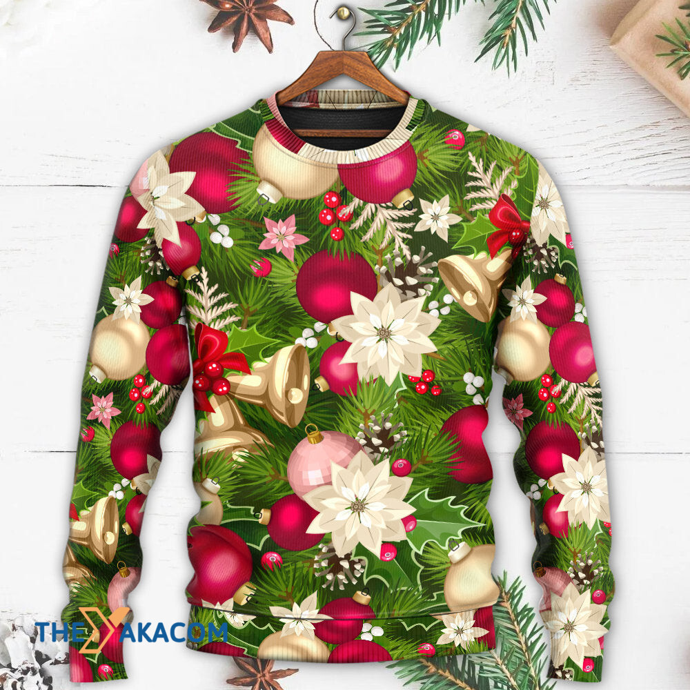 Christmas Fir-Tree And Poinsettia Flowers Gift For Lover Ugly Christmas Sweater