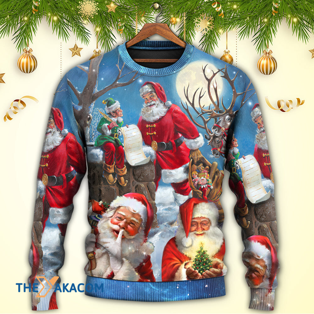 Christmas Funny Santa Claus Elf Xmas Is Coming Blue Sky Art Style Gift For Lover Ugly Christmas Sweater