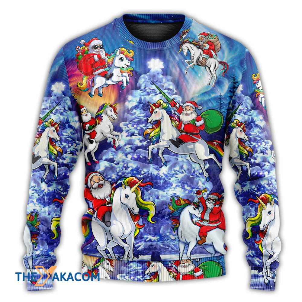 Christmas Funny Santa Claus Riding Unicorn Rainbow Sky Night Gift For Lover Ugly Christmas Sweater