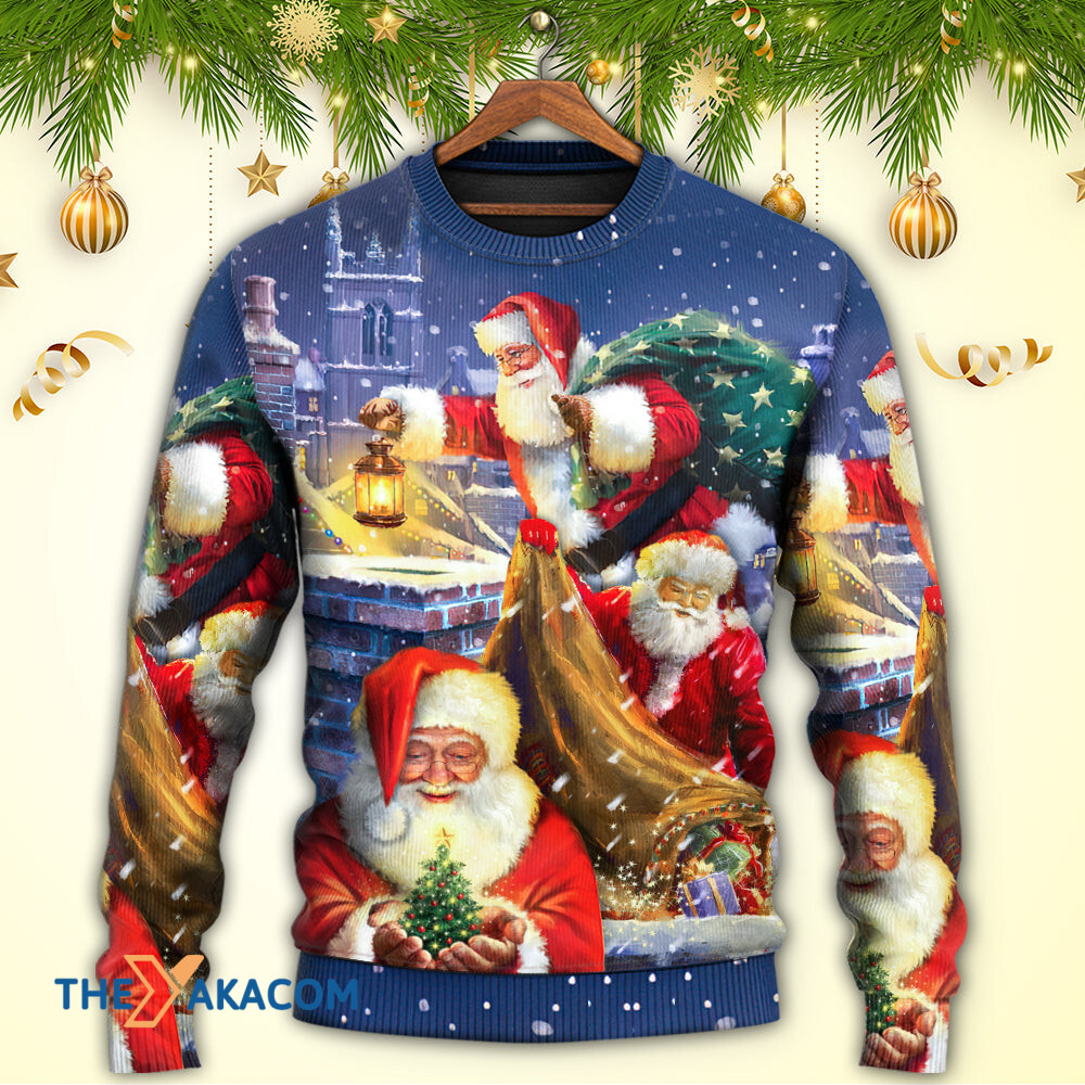 Christmas Funny Santa Claus Up On Rooftop Art Style Gift For Lover Ugly Christmas Sweater