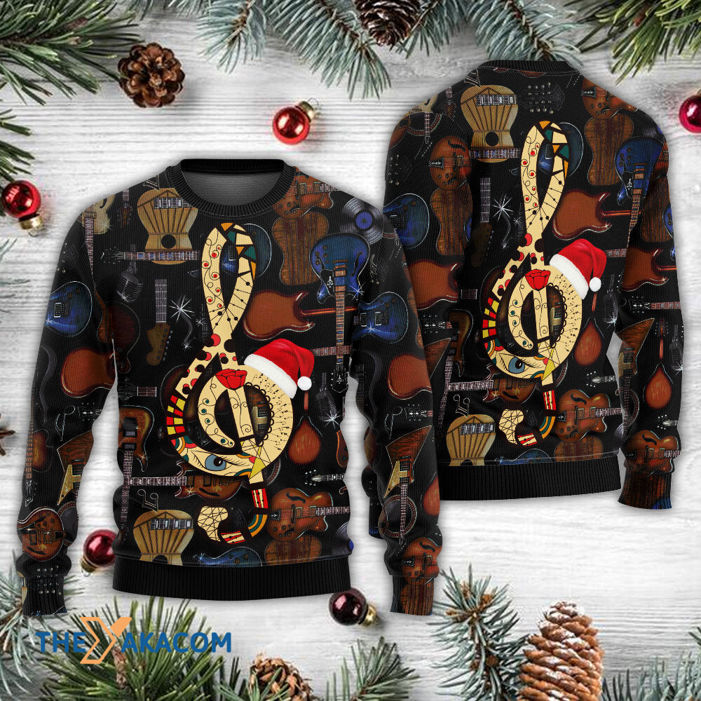 Christmas Guitar Happiness With Santa Hat Gift For Lover Ugly Christmas Sweater