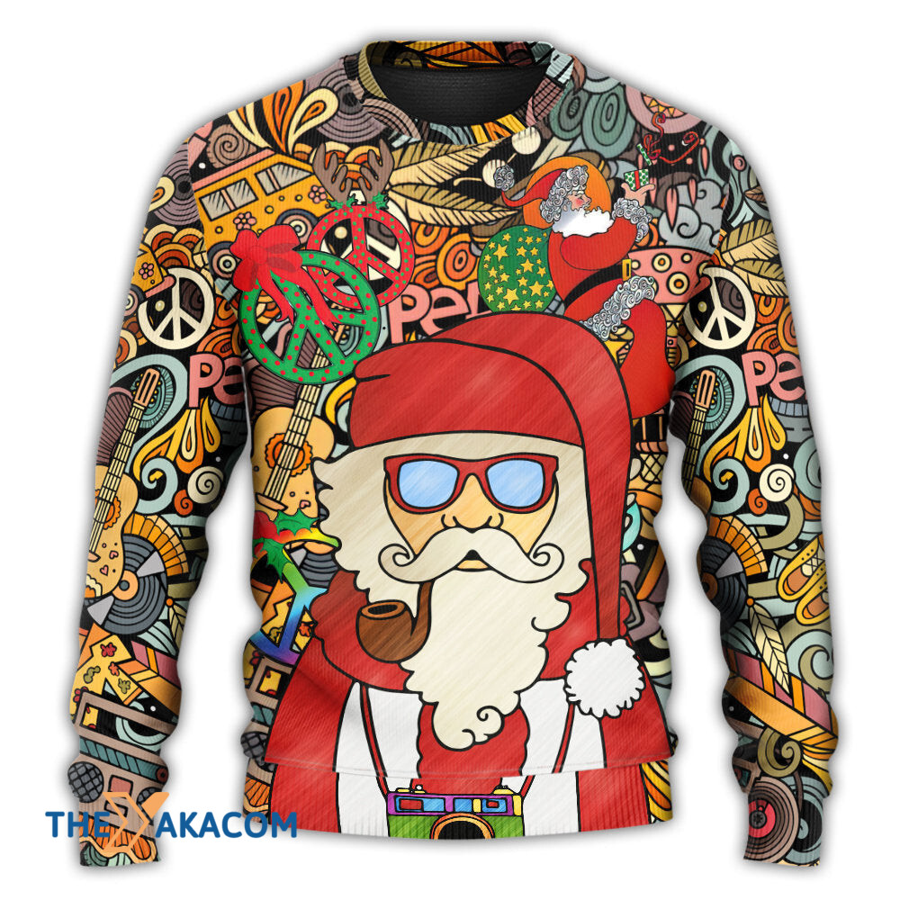 Christmas Hippie Santa Claus Love & Peace Cartoon Style Gift For Lover Ugly Christmas Sweater