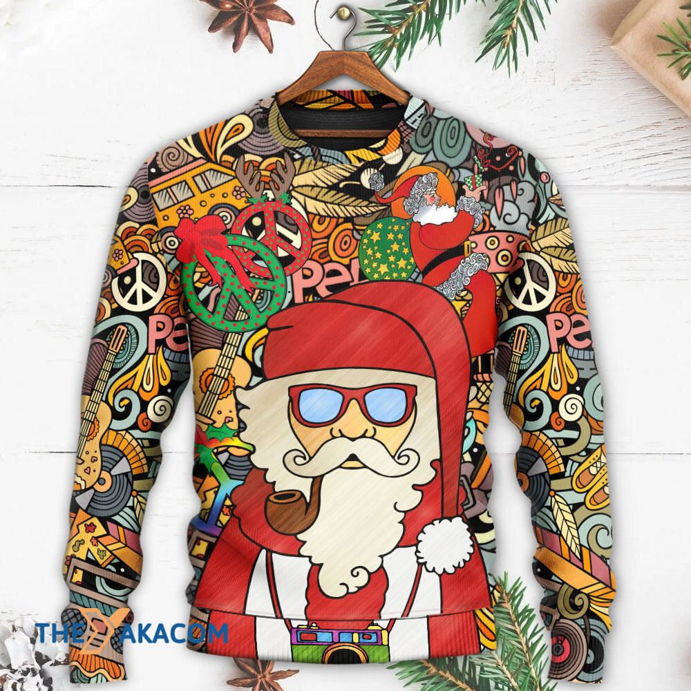 Christmas Hippie Santa Claus Love & Peace Cartoon Style Gift For Lover Ugly Christmas Sweater