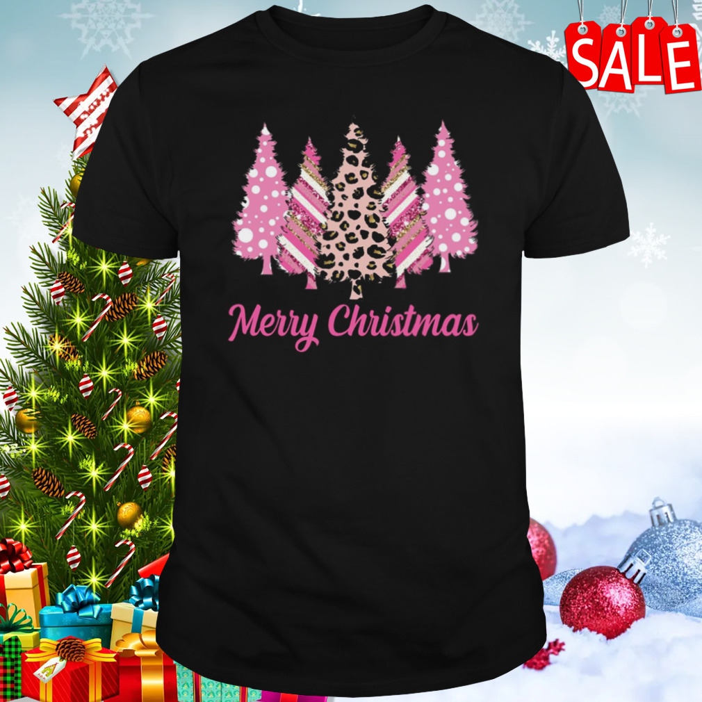 Leopard Print Christmas Merry Christmas Pink Christmas Trees shirt