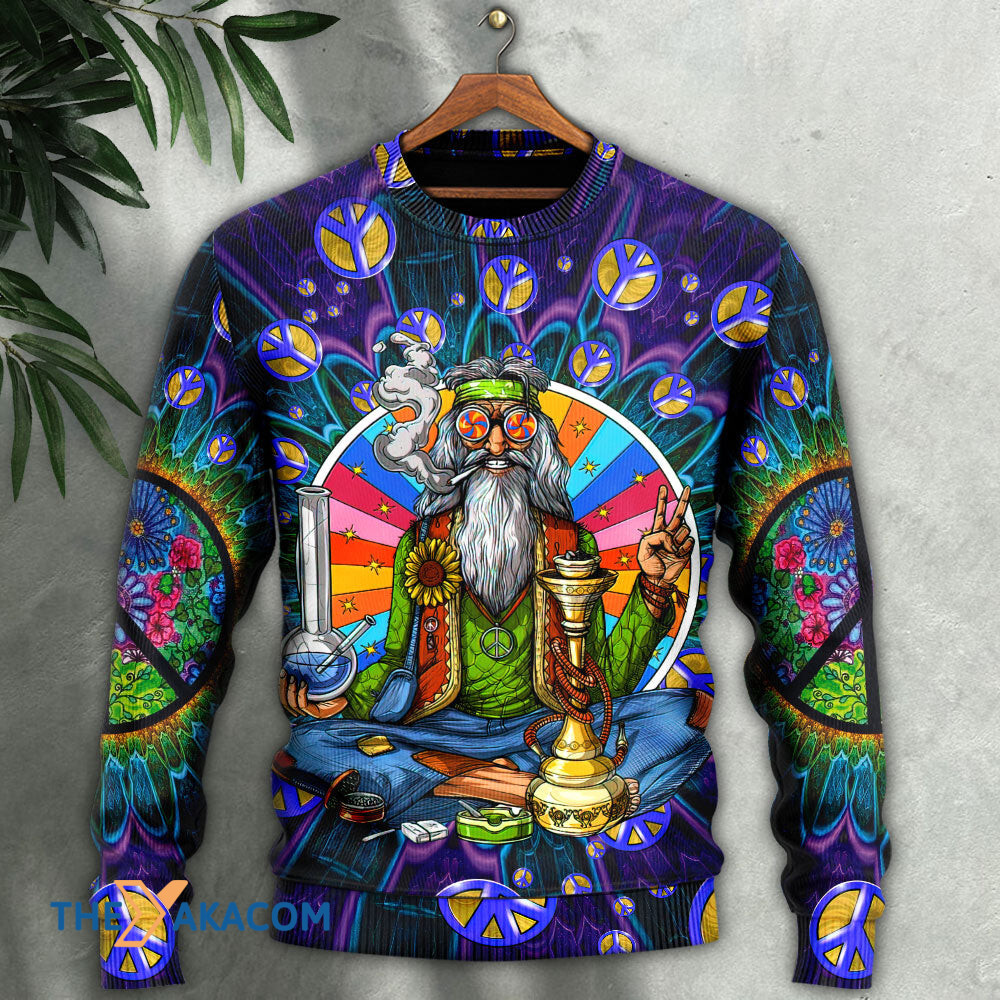 Hippie Peace Sign Old Man Smoking Weed Gift For Lover Ugly Christmas Sweater