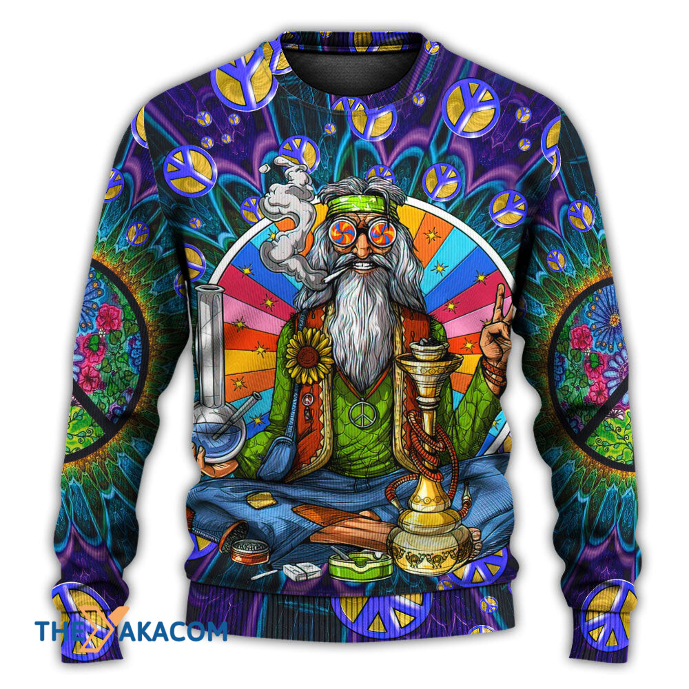 Hippie Peace Sign Old Man Smoking Weed Gift For Lover Ugly Christmas Sweater