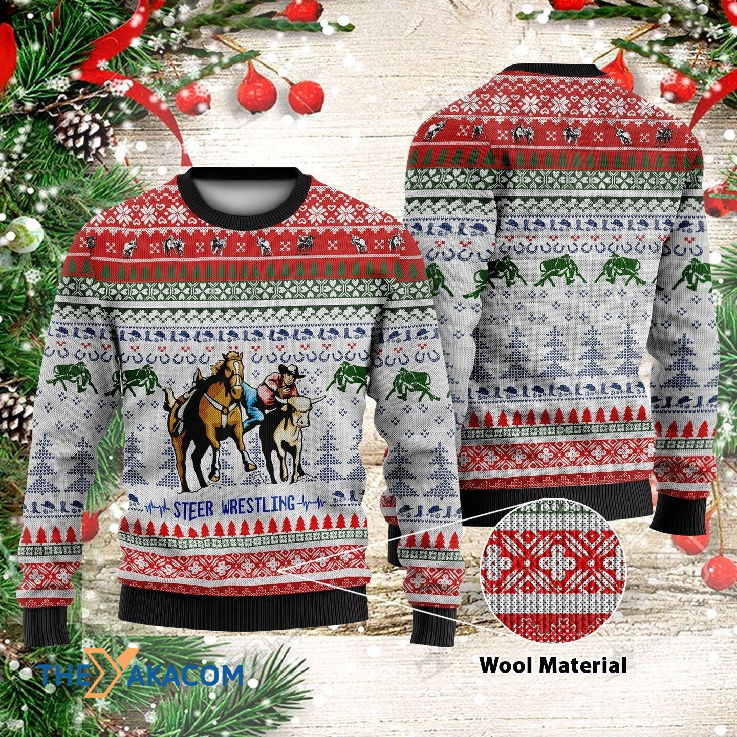 Horse Rider And Steer On Snow Mountain Gift For Christmas Ugly Christmas Sweater