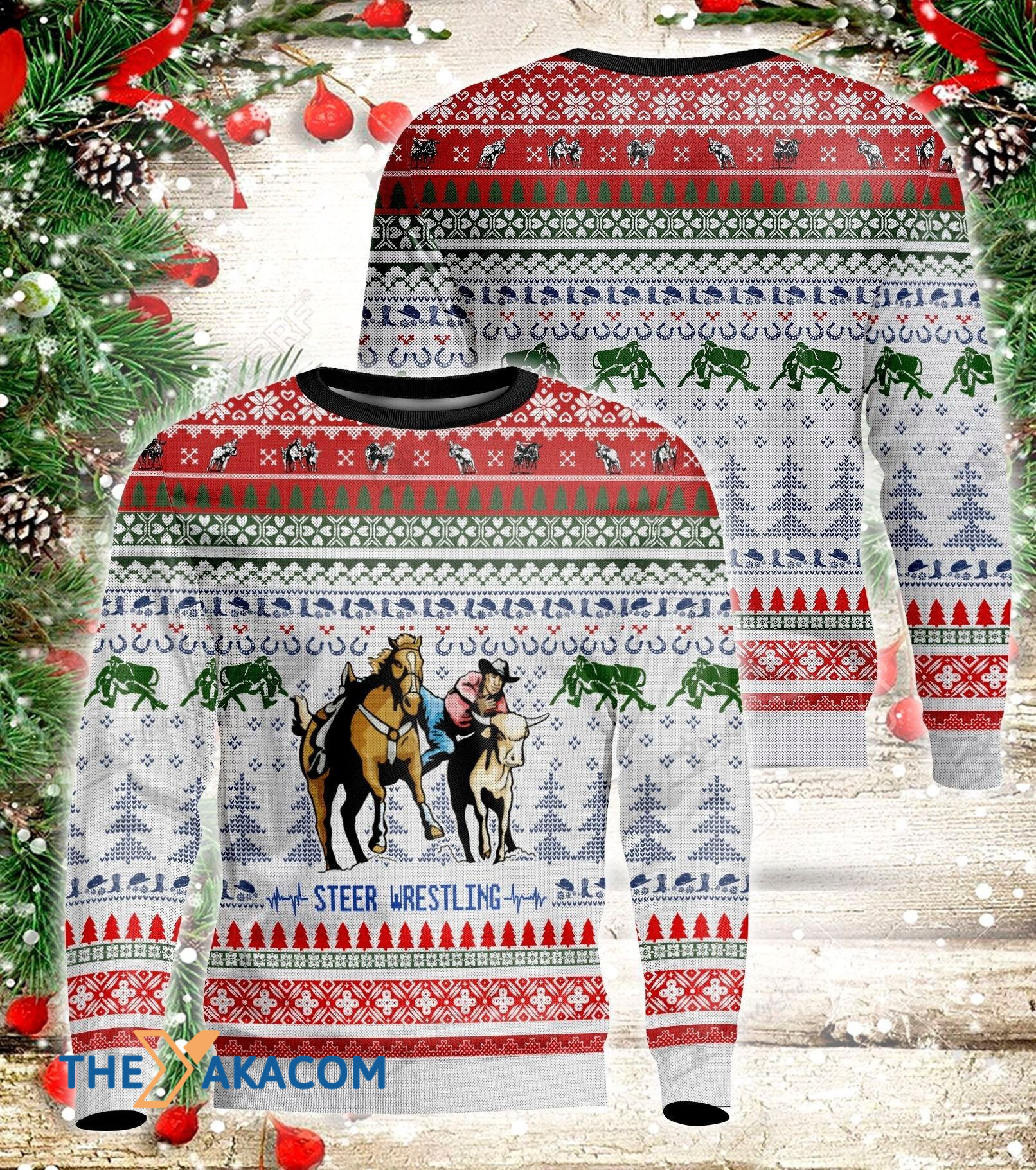 Horse Rider And Steer On Snow Mountain Gift For Christmas Ugly Christmas Sweater