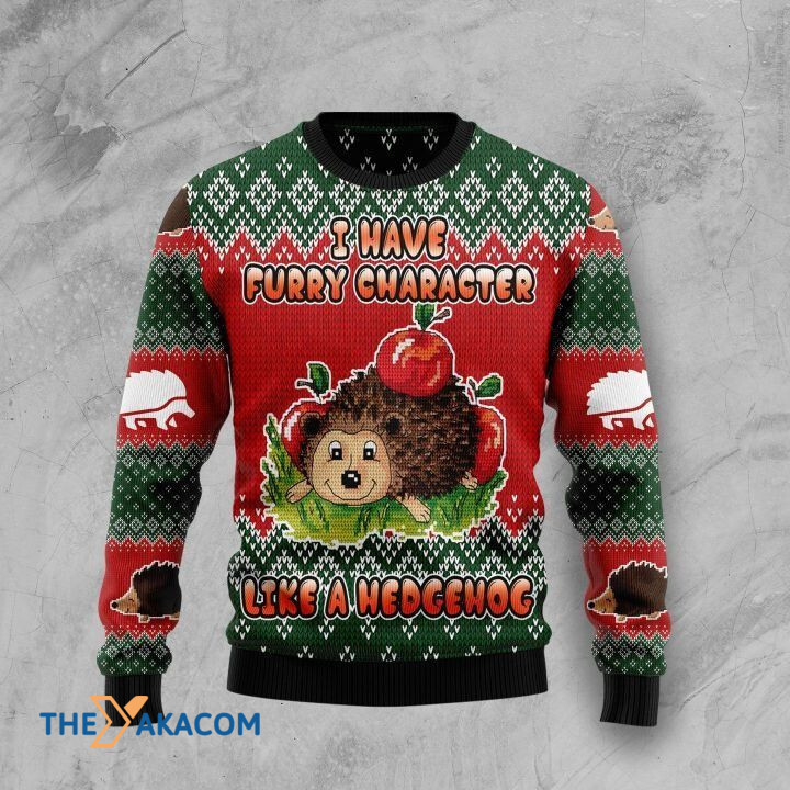 I Have Furry Character Like A Hedgehog With Red Apple Gift For Christmas Ugly Christmas Sweater