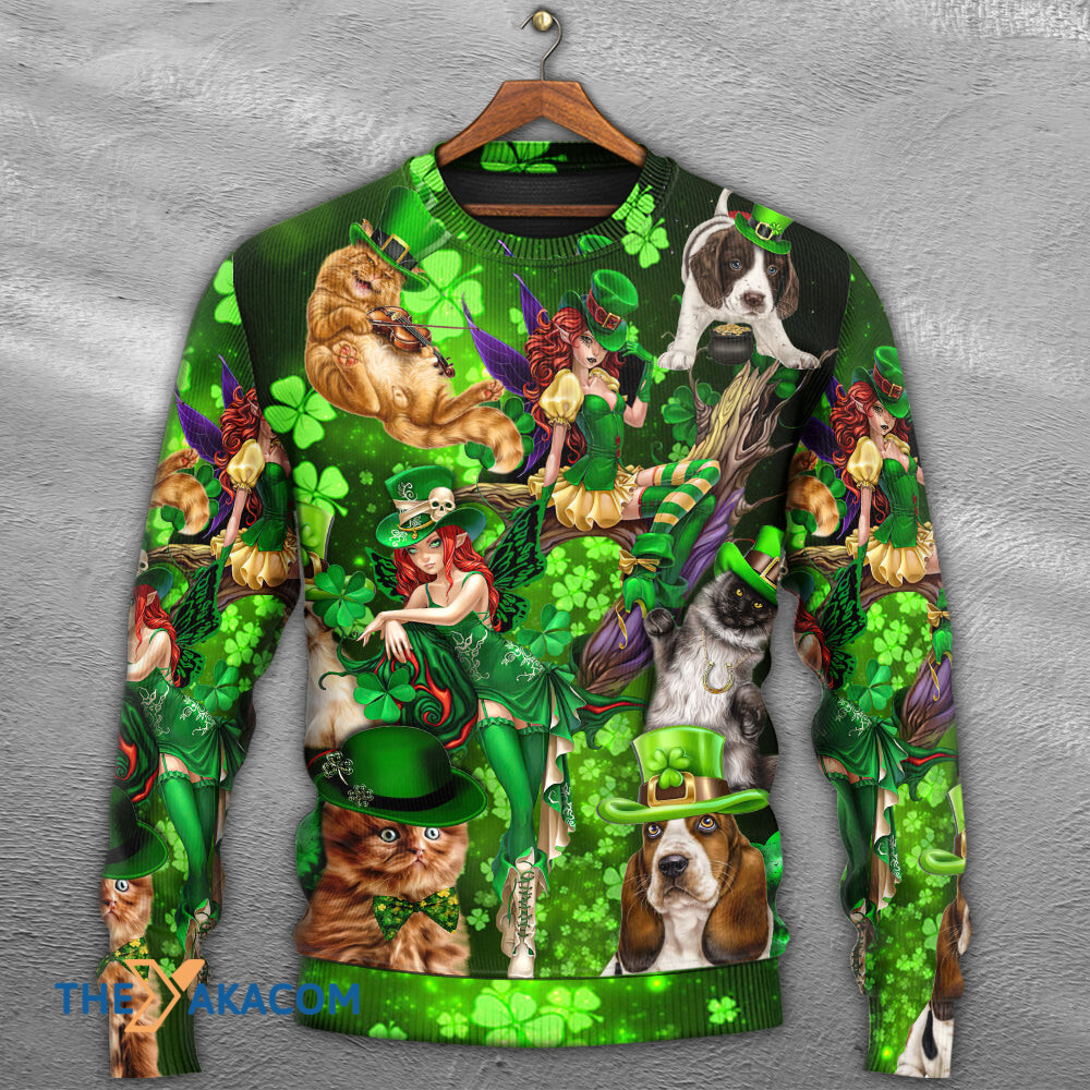 Irish Cat Girl St Patrick_s Day Green Light Gift For Lover Ugly Christmas Sweater