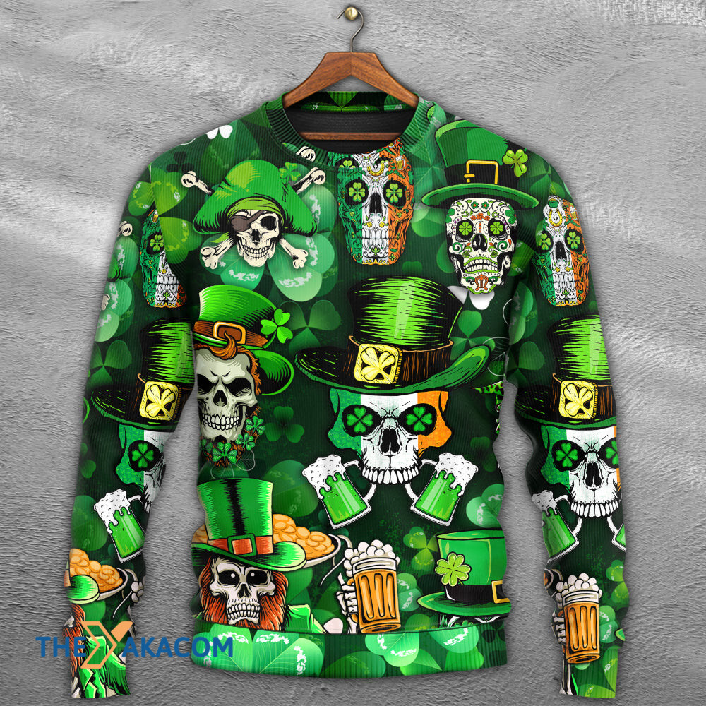 Irish Skull St Patrick_s Day Green Light Gift For Lover Ugly Christmas Sweater