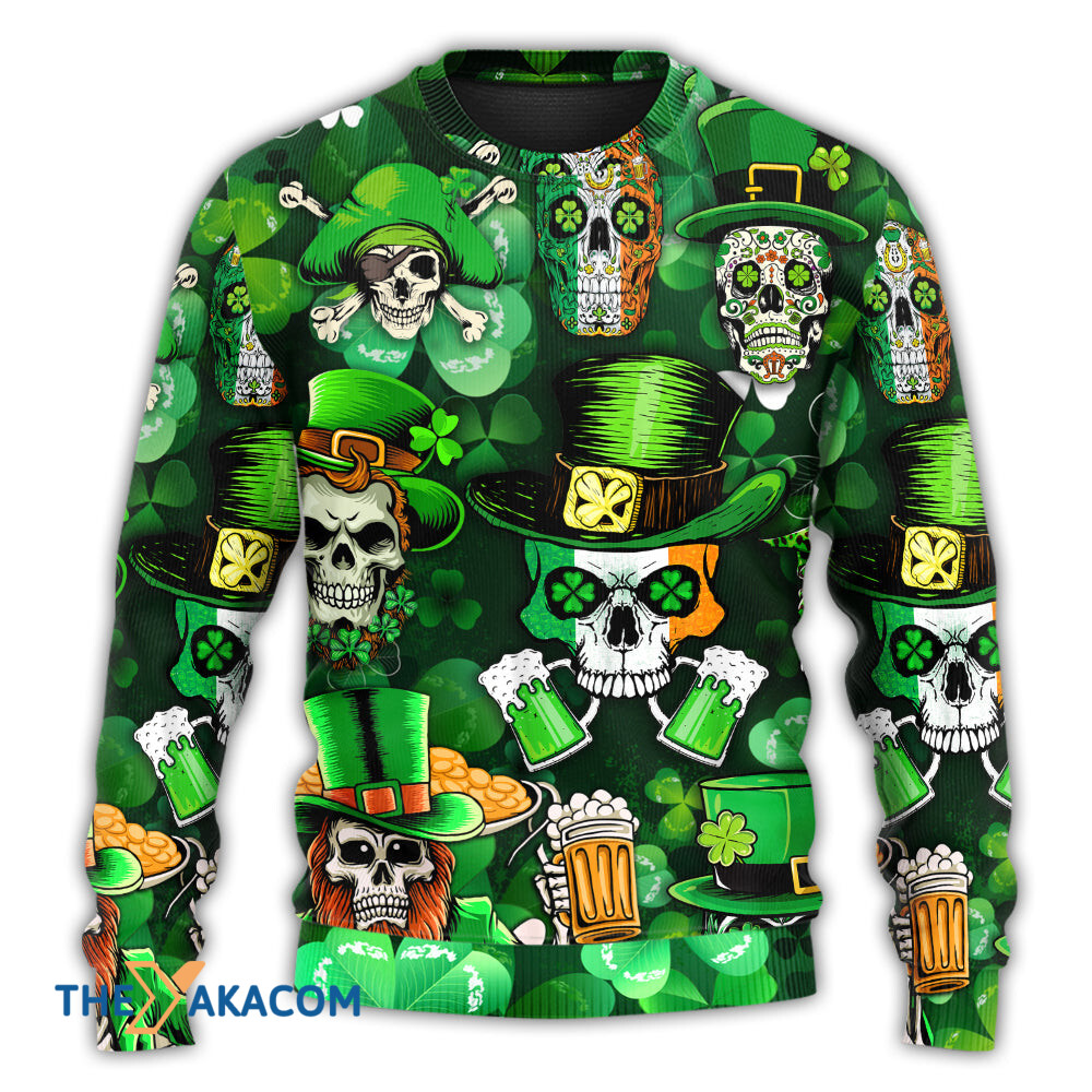 Irish Skull St Patrick_s Day Green Light Gift For Lover Ugly Christmas Sweater