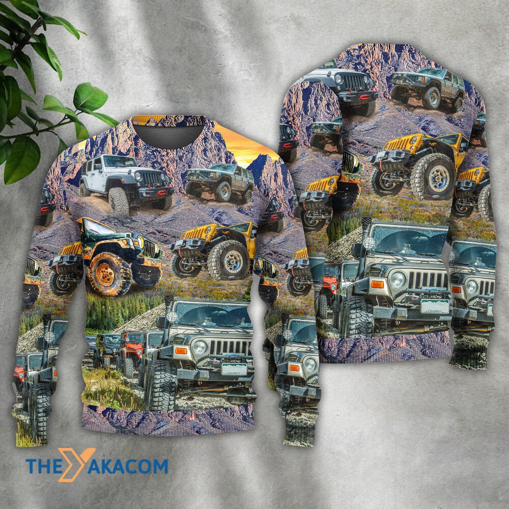 Jeep In The Mountain Sunset Vintage Art Style Gift For Lover Ugly Christmas Sweater