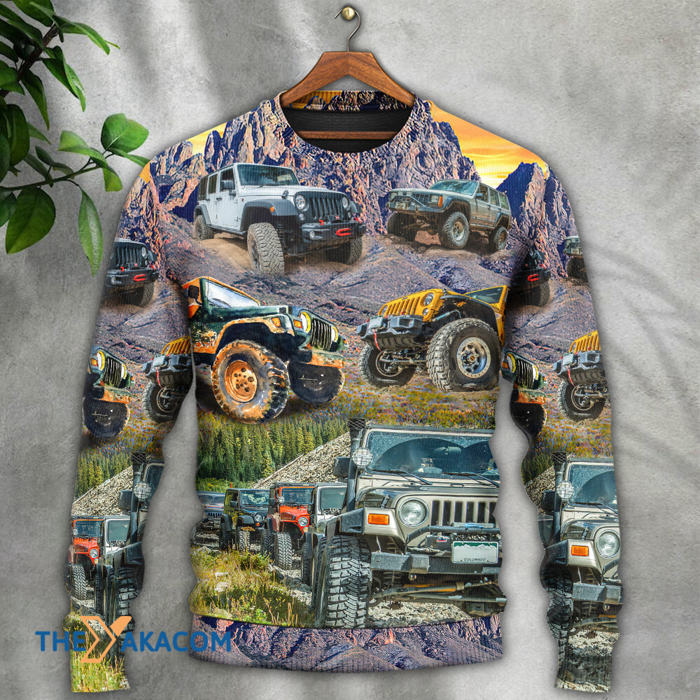 Jeep In The Mountain Sunset Vintage Art Style Gift For Lover Ugly Christmas Sweater