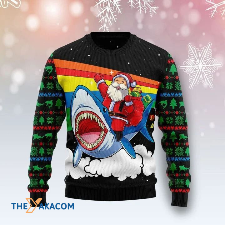 LGBT Flag Santa Claus Riding Strong Shark Gift For Christmas Ugly Christmas Sweater