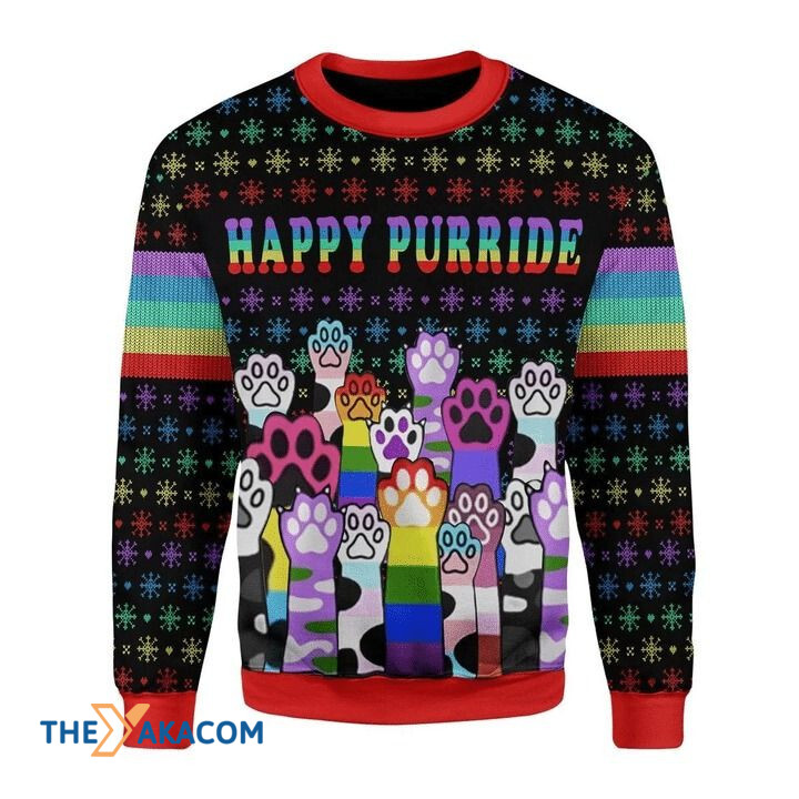 LGBT Flag With Cat Leg Happy Purride Gift For Christmas Ugly Christmas Sweater