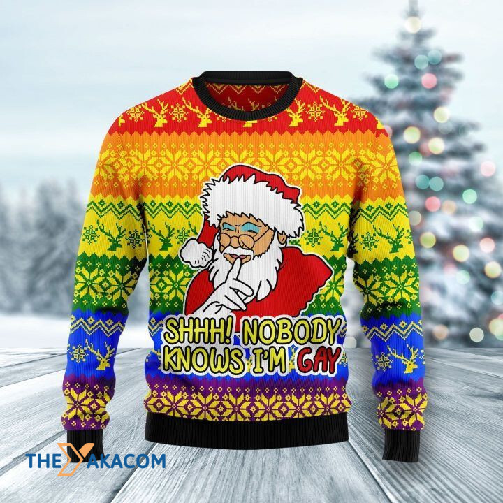 LGBT Santa Claus Shhh Nobody Knows I_m Gay Gift For Christmas Ugly Christmas Sweater