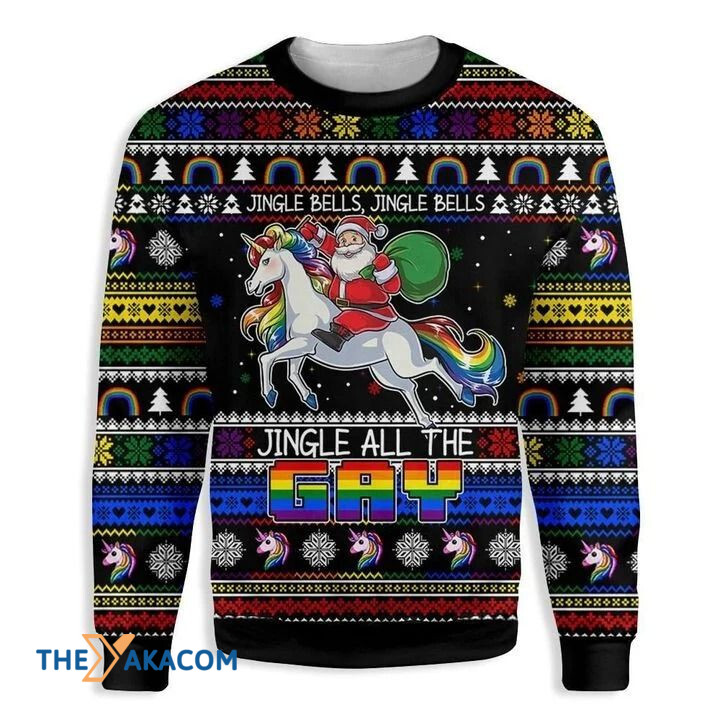 LGBT Stanta Claus Riding Unicorn Jingle All The Gay Gift For Christmas Ugly Christmas Sweater