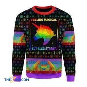 LGBT Unicorn Feeling Magical But Also Stabby Gift For Christmas Ugly Christmas Sweater