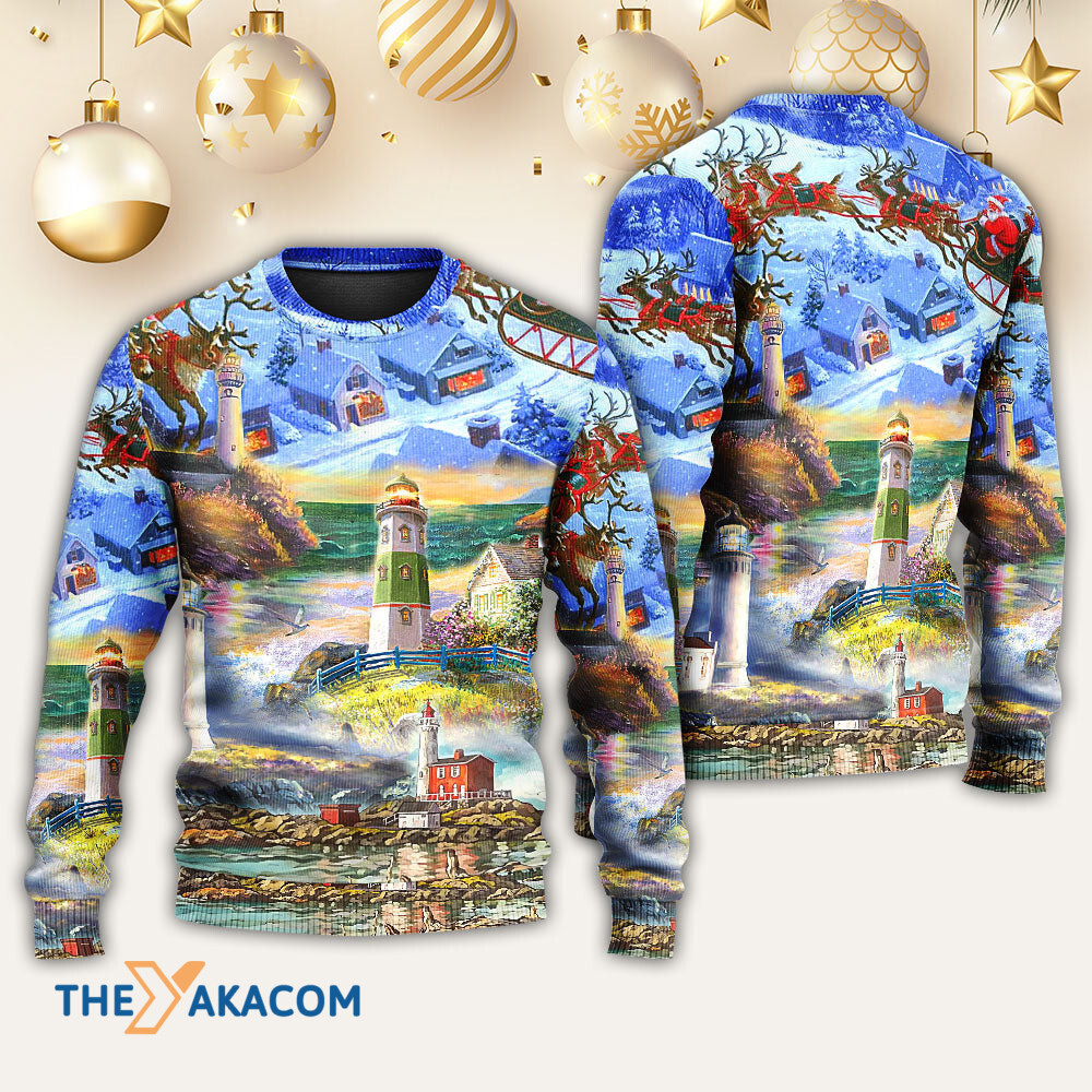 Lighthouse Christmas Santa Through The Storm Gift For Lover Ugly Christmas Sweater