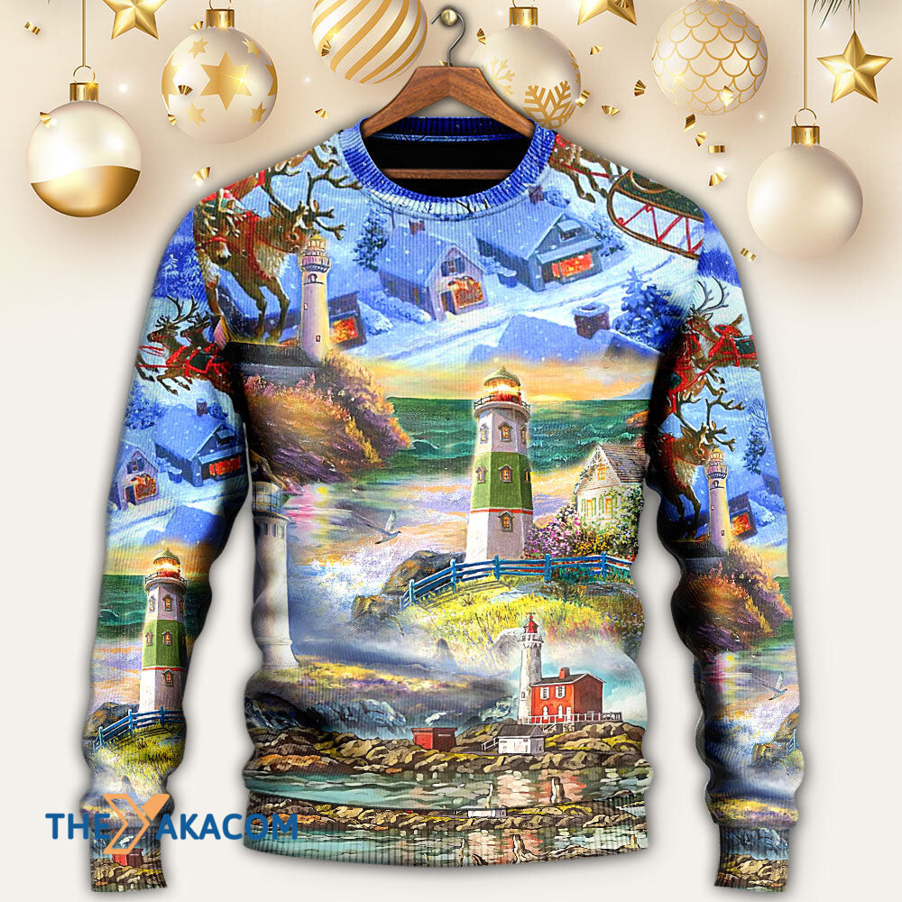 Lighthouse Christmas Santa Through The Storm Gift For Lover Ugly Christmas Sweater
