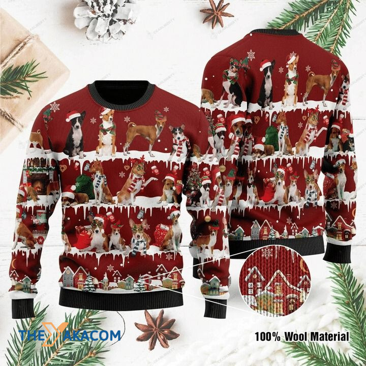 Lovely Basenji Dog Family In Winter Gift For Christmas Ugly Christmas Sweater