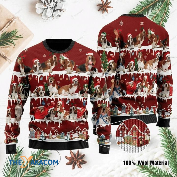 Lovely Basset Hound Dog In Winter And Snow Gift For Christmas Ugly Christmas Sweater