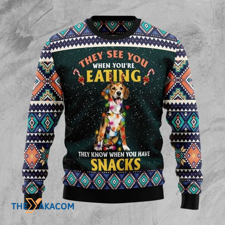 Lovely Beagle Dog With Light They See You When You_re Eating Gift For Christmas Ugly Christmas Sweater