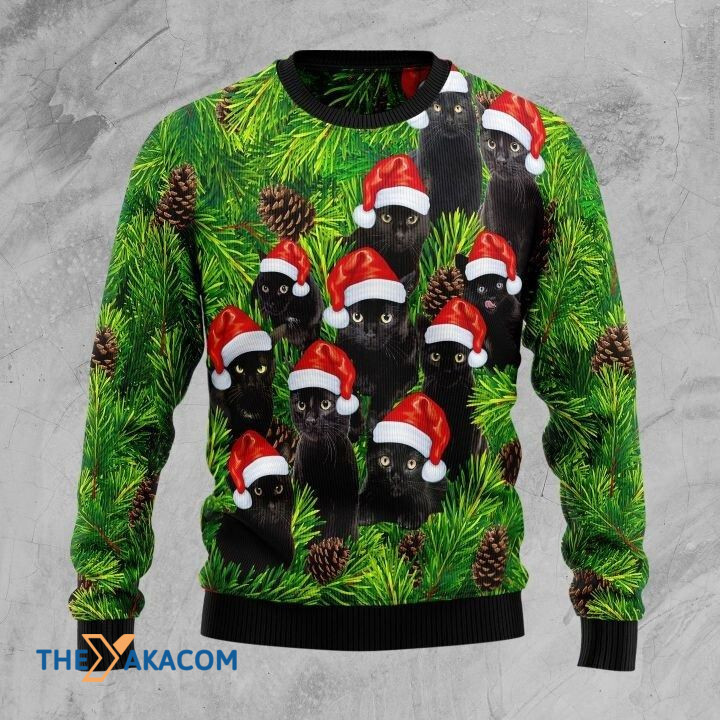 Lovely Black Cat Family With Pineal Gift For Christmas Ugly Christmas Sweater
