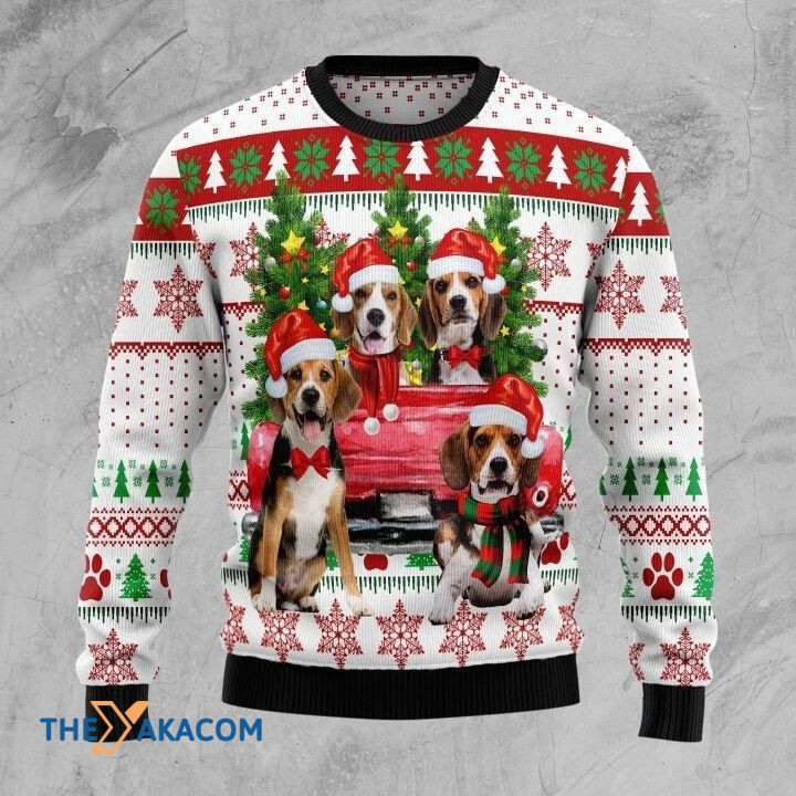 Lovely Brown Beagle Dog Family On Red Truck And Pine Tree Gift For Christmas Ugly Christmas Sweater