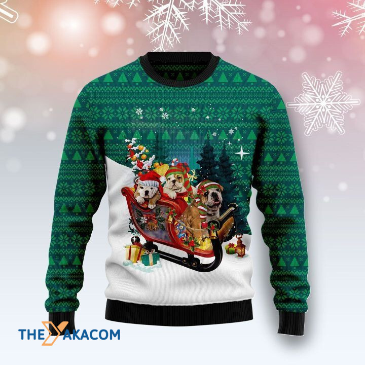 Lovely Bulldog Family Sleigh In Winter Gift For Christmas Ugly Christmas Sweater