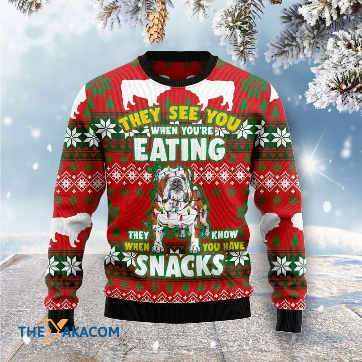 Lovely Bulldog With Colorful Light They See You When You_re Eating Gift For Christmas Ugly Christmas Sweater