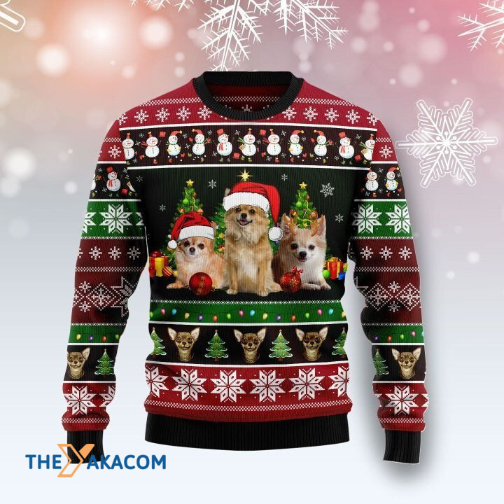 Lovely Chihuahua Dog Family With Red Snowball Gift For Christmas Ugly Christmas Sweater