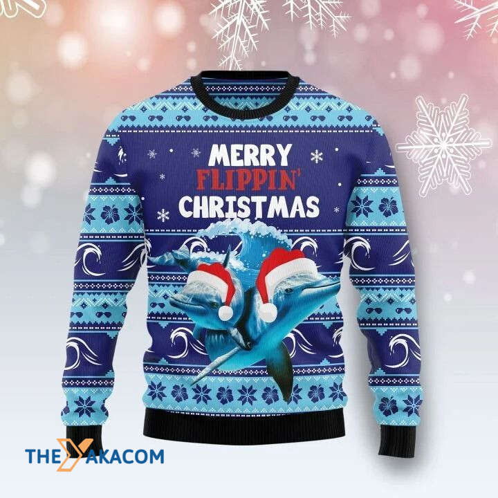 Lovely Dolphin In Ocean Merry Flippin_ Christmas Gift For Christmas Ugly Christmas Sweater