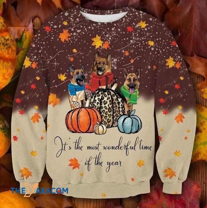 Lovely German Shepherd Dog Family With Big Pumpkin It_s The Most Wonderful Time Of The Year Gift For Christmas Ugly Christmas Sweater
