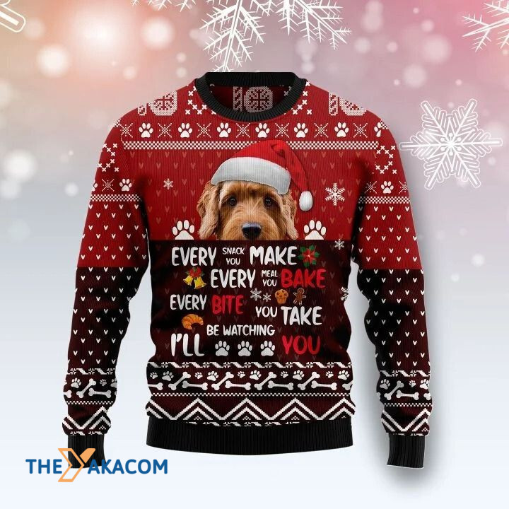 Lovely Golden Poodle Dog With Food Pattern I_ll Be Watching You Gift For Christmas Ugly Christmas Sweater