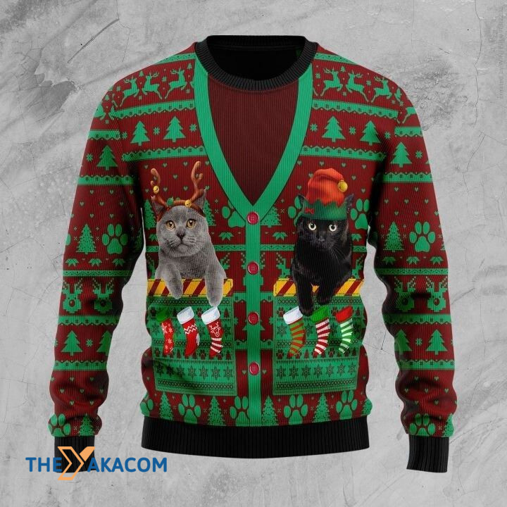 Lovely Gray And Black Cat Couple With Cadigan Shape Gift For Christmas Ugly Christmas Sweater