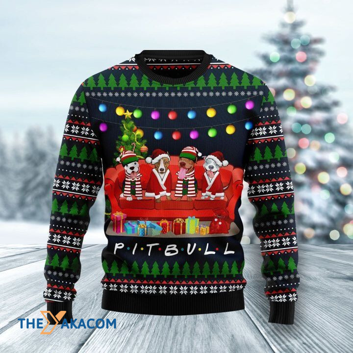 Lovely Pitbull Dog Family On Red Sofa And Colorful Light Gift For Christmas Ugly Christmas Sweater Lovely Pitbull Dog Family On Red Sofa And Colorful Light Gift For Christmas Ugly Christmas Sweater