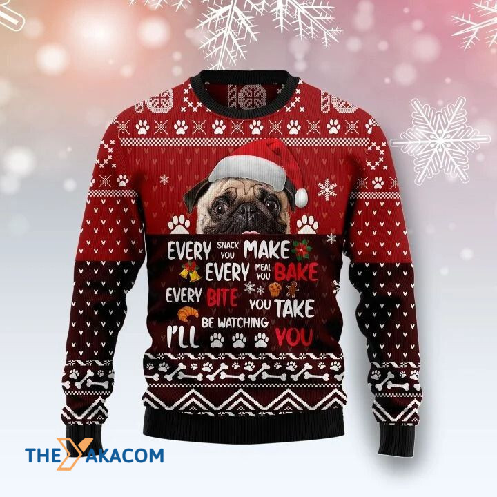 Lovely Pug Dog Hiden And Food Pattern I_ll Be Watching You Gift For Christmas Ugly Christmas Sweater Lovely Pug Dog Hiden And Food Pattern I_ll Be Watching You Gift For Christmas Ugly Christmas Sweater
