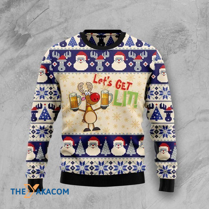 Lovely Reindeer Hold Two Cup Of Beer Let_s Get Lit Gift For Christmas Ugly Christmas Sweater Lovely Reindeer Hold Two Cup Of Beer Let_s Get Lit Gift For Christmas Ugly Christmas Sweater