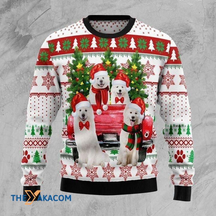 Lovely Samoyed Dog In The Red Truck With Christmas Tree Gift For Christmas Ugly Christmas Sweater
